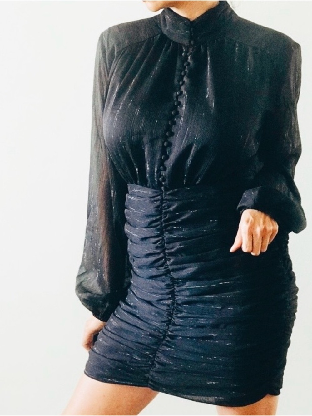 House of Harlow 1960 Black Long‑Sleeve Ruched Mini Dress